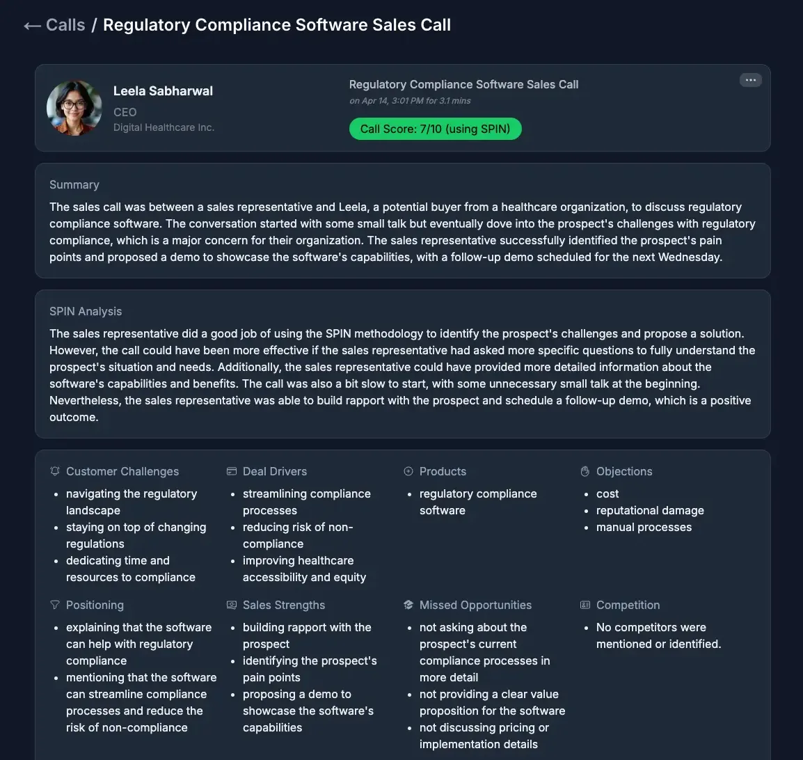 SalesMagic call analysis showing feedback and coaching insights from a sales conversation